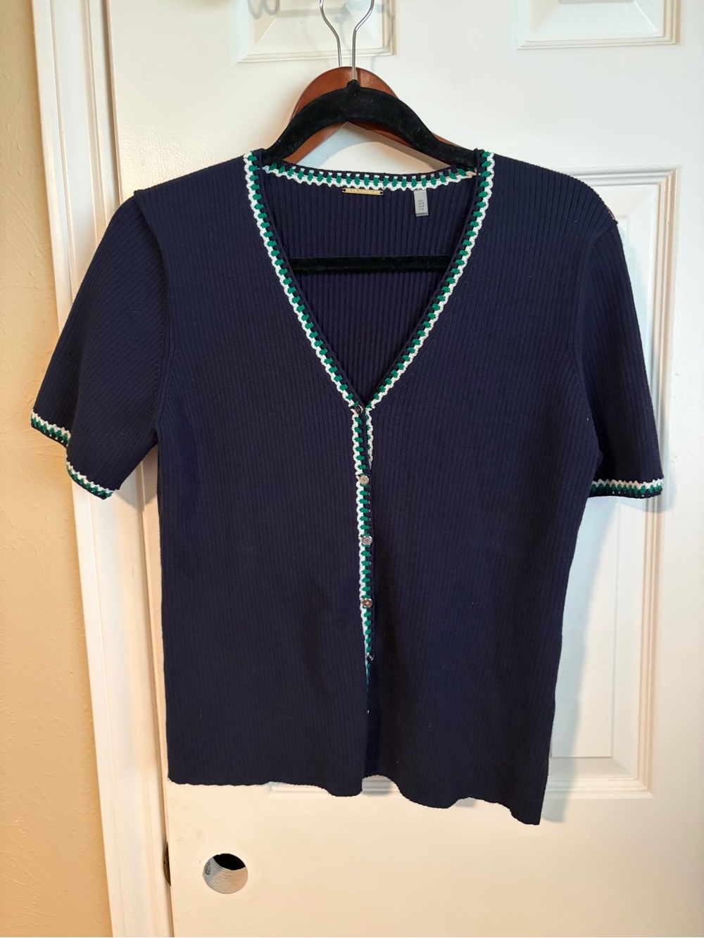 Sara Battaglia Navy Short-Sleeve Button Top with Green & White Trim